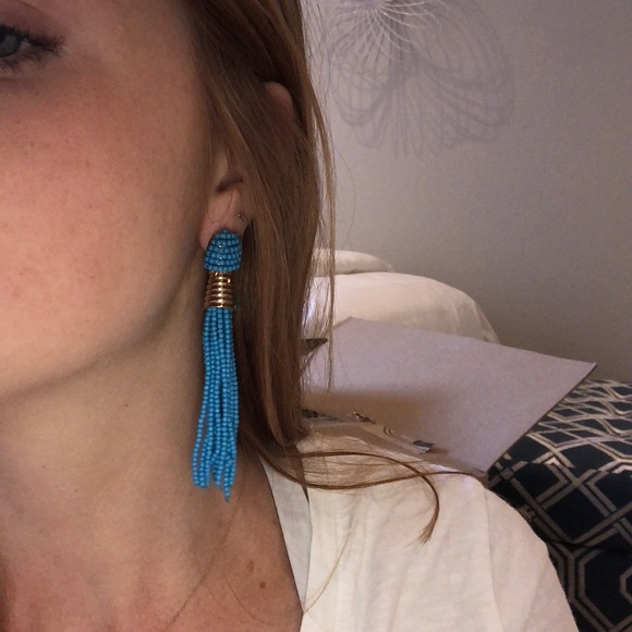 blue beaded dangle statement earrings - Picture 2 of 2